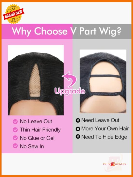 V Part Wig Human Hair Straight 180% Density Clip in Half Wig Glueless Full Head main image 6